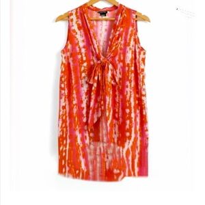 Etcetera Silk Orange Pink Abstract Sleeveless Blouse Tie Scarf Size 2